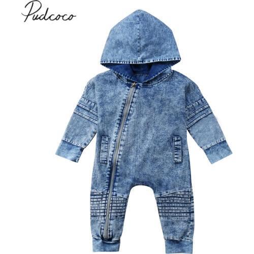 2018 Brand New Newborn Toddler Baby Boy Girl Denim Hooded Romper Playsuit Pants Outfit Zipper Washed-out jeans Tiered Clothes