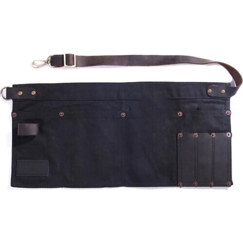 Multi Pocket Apron for Women Real Leather Canvas Half Apron Pocket Waitress Teacher Vendor Utility Server Cosmetic Apron Black