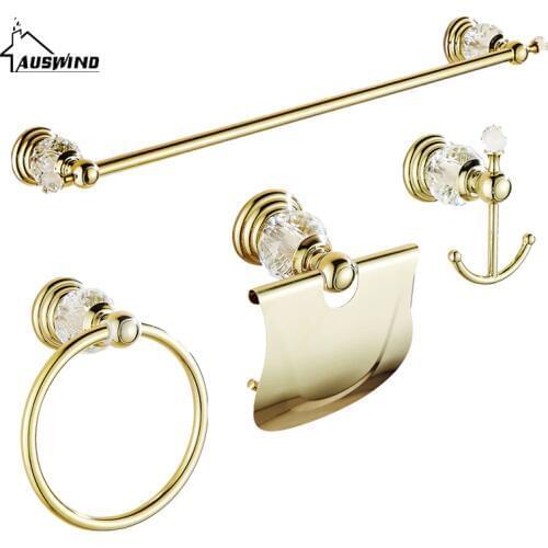 Gold Clear Crystal Bathroom Hardware Set 4 Item Wall Mount Polish Finish Bathroom Accessories set for complete bathroom decorate