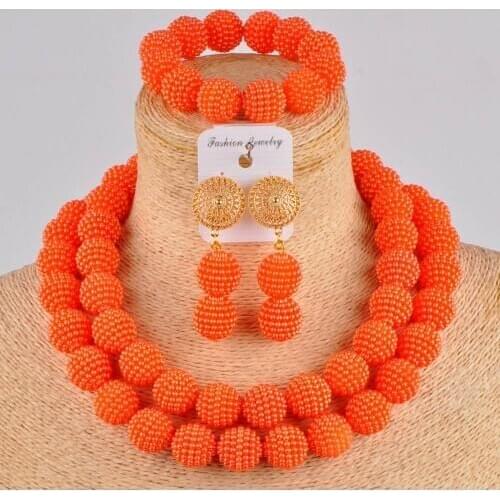 Orange imitation pearl beads african necklace nigeria wedding costume jewelry set FZZ04
