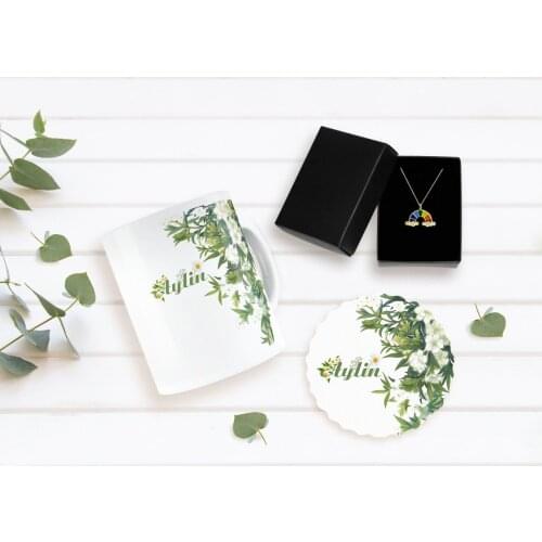 Personalized Daisy Themed Mug Coaster and Double Letter Cloud Necklace Seti-5