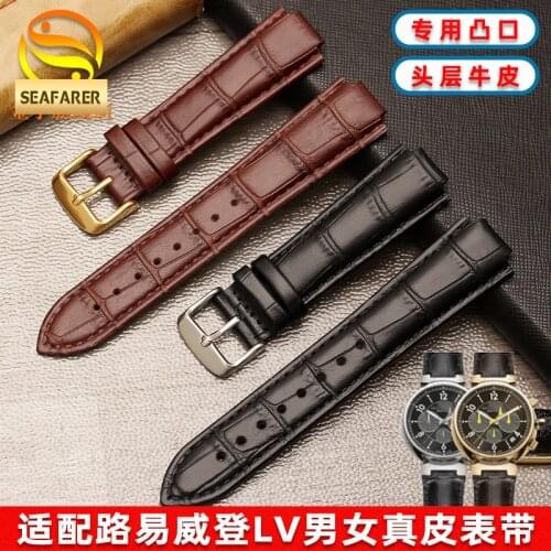 For Louis Vuitton Mens Womens First Layer Cow Leather Watch Strap LV Leather Watch Band Black Raised Mouth 10 12mm Watchband