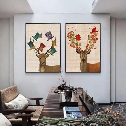 Retro Fairy Elk Wearing Hat Canvas Painting Wall Art Print Poster Picture Decorative Painting Living Room Home Decoration