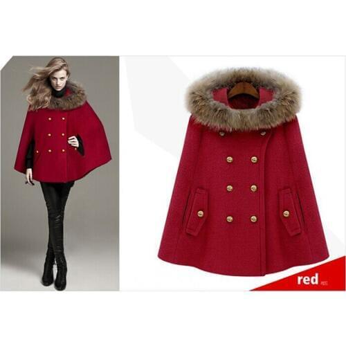 Luxury Looking Faux Fur Hooded Cloak Jacket, Handsome Womens Double Breasted Woolen Cloak
