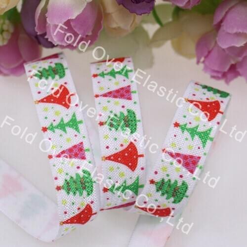 Heat transfer Christmas Tree pattern fold over elastic, 5/8" FOEs elastic for hair accessories, 100yards/lot