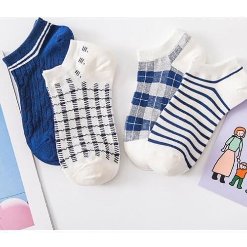 Women Socks Cotton White Blue Plaid Ladies Ankle Socks for girls Houndstooth Check Socks Striped Grids Tube Sock Vintage Meias