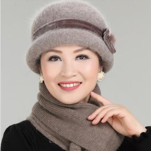 New Fashion Women Winter Hat Sets Floral Bonnet Wool Mixed Rabbit Fur Warm Hat Scarf Outdoor Knitted Baggy Headwear Cap Fedora