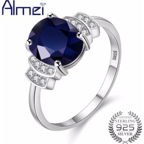 Almei Wedding 925 Sterling Silver Zircon Rings For Women Dark Blue Ring with Stones Cubic Zirconia Jewelry with Box 20%Off CJ008
