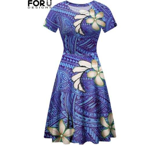 FORUSEDIGNS Polynesian Hawaiian Hibiscus Flower Women Short Sleeve Dress Hot Sales Summer Womens Breathable O-Neck Midi Dresses