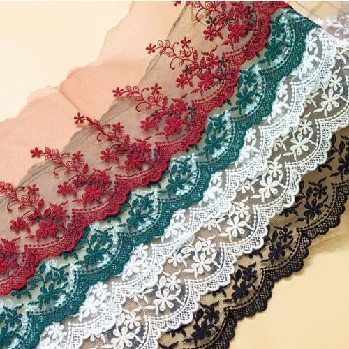 2 Meters/lot Green Burgundy Beige White Black Cotton Embroidered Floral Tulle Lace Trim ,Mesh Embroidery Lace Ribbon 14.5cm