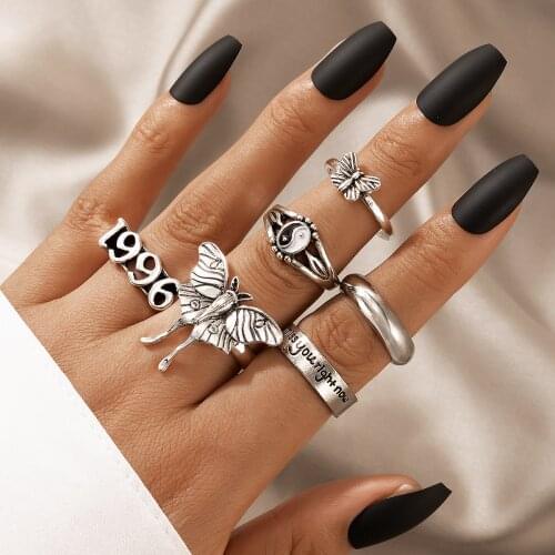 Docona 6pcs/set Vintage Butterfly Letter Couples Rings for Women Men Silver Color Geometry Tai Chi Ring Set Jewelry кольц 19782
