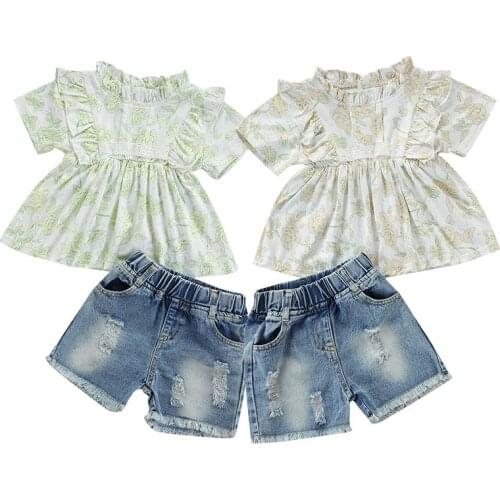 2Pcs Infant Baby Summer Outfits Girl Flower Round Neck Short Sleeve Top Frayed Raw Hem Ripped Jeans Summer Clothes Set for 9M-3T