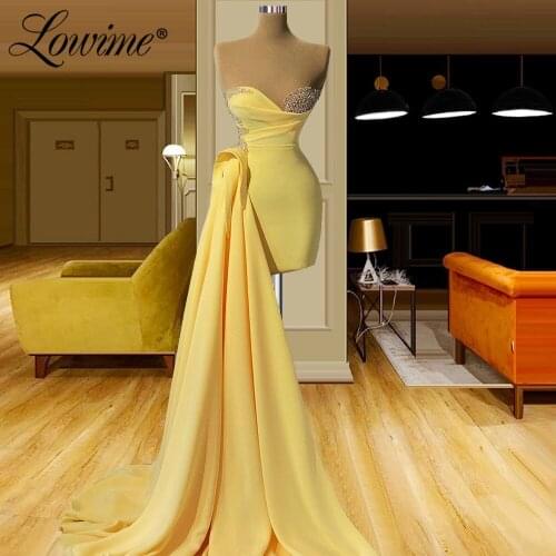Lowime 2021 New Design Yellow Party Dresses High Low Prom Dress Side Train Beaded Vestidos De Fiesta Custom Made Evening Gowns