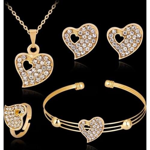 Cute Female Love Heart Crystal Jewelry Set Charm Gold Color Bracelet Stud Earrings For Women Trendy White Zircon Chain Necklace