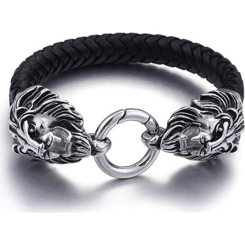 Fashion Mens Silver Color 316L Stainless Steel Two Lion Head Bracelet Mens Black Leather Wristband Bracelet 12mm*21.5cm