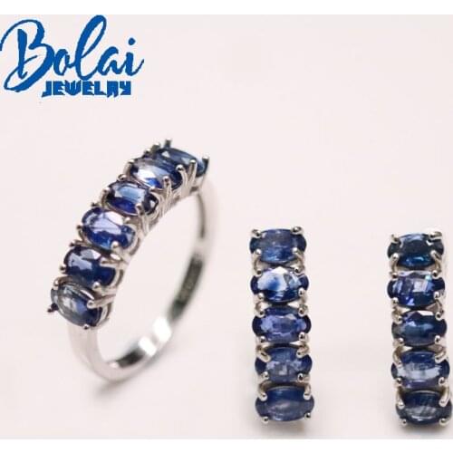 Bolaijewelry Light luxury simple design natural sapphire ring earrings set 925 sterling silver daily wear female jewelry
