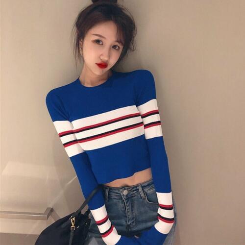 Autumn Winter Sweater Women Knitted High Elastic Sweaters Pullovers Femme Striped Black Pink Ladies Tops Dropshipping