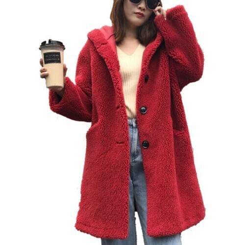 Winter Womens Sheep Shearing Coat Mid-Length With Hat Single-Breasted Lapel Lapel Grain Fleece Ladies Loose Coat Fashion Casual