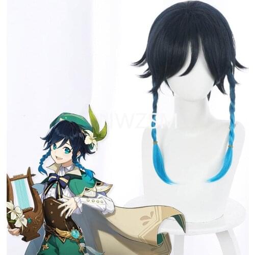 Genshin Impact Venti Wigs Gradient Blue Short Braided Heat Resistant Synthetic Hair Game Anime Cosplay Wig