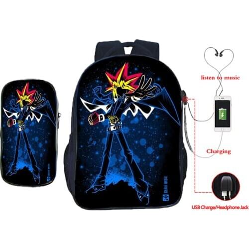 Popular Yu Gi Oh! USB Backpack Boys Girls Yugi School Bag Teens Bookbag Students Back to School Gift(2pcs Set/backpack+pen Bag)