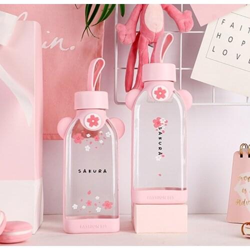 Portable Glass Drinking Water Bottle Cherry Blossom Pattern Transparent Cup Creative Fresh Cute Heart Sports Outdoor Mug 2021