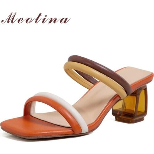 Meotina Women Slippers Shoes Narrow Band High Heel Sandals Square Toe Slides Transparent Fretwork Heel Ladies Footwear Summer