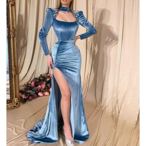 Sexy Long Sleeve Blue Velvet Beaded Evening Dresses with Slit Floor Length Zipper Back Maxi Formal Party Dress for Women