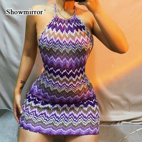 Showmirror Women Bodycon Hip Lift Mini Dress Wave Print Sleeveless Halter Sexy Fashion Casual Outfits Party Club Streetwear