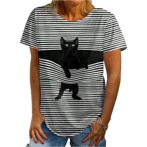 Women Summer T-shirt Naughty Cat 3D Print Tops Casual O-Neck Striped Tee Loose Cartoon Top Streetwear Clothes