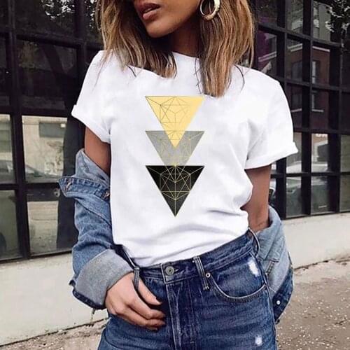 Womens Fashion T-shirts Vintage Geometric Graphic Print Female Harajuku Tee Shirt Round Neck Vogue Cotton Loose T-shirt #T3P