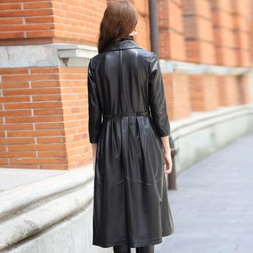 Designer Women Long Trench Coat Fashion Ruffles 100% Real Leather Jacket Office Ladies Fashion Overcoat Natural Sheepskin Coat