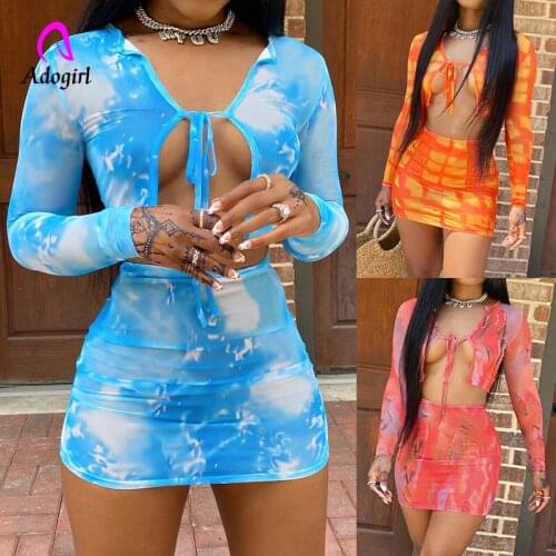 Tie Dye Women Mini Skirt Set Lace Up Crop Long Sleeve Top Skinny High Waist Skirt 2021 Summer Night Club Party Sexy 2 Piece Set