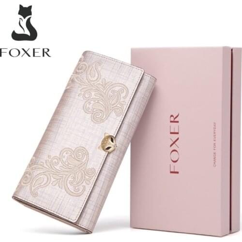 FOXER Womens Card Holder Fashion Clutch Bag Split Leather Long Tri-fold Wallet Flower Pattern Phone Bag Clutch Purse Coin Purse