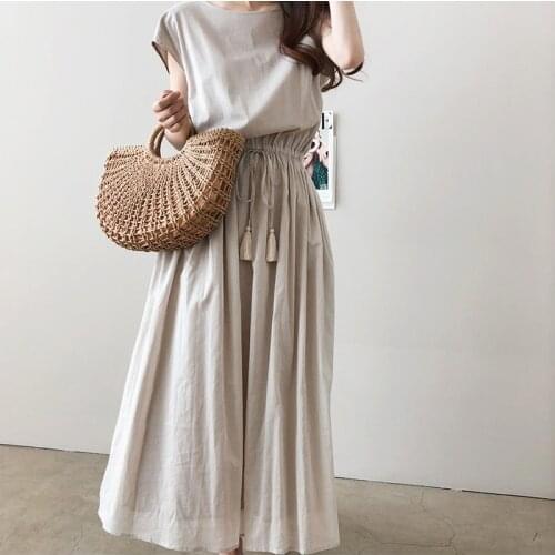 2021 Summer New Waist Loose Cotton And Linen Long Dress For Women O-neck Normcore/minimalist Draw String Mid-calf Korean Dress