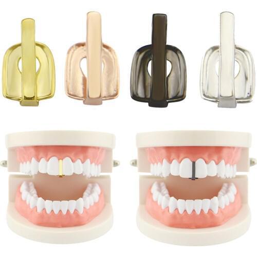 LuReen 1 Pcs Gold Teeth Grills Stick Shape Single Grillz Top Fangs Grills Tooth Cap For Women Men Halloween Party Body Jewelry