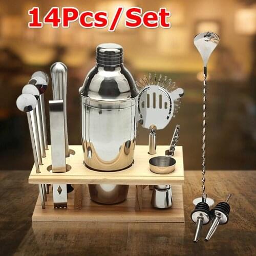 14Pcs/Set Party Bar Professional Bartender Kit Mixer 550ml Shaker Bar Set Premium Barware Tool Supplies with Wood Frame