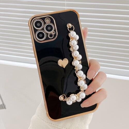 6D Plating Wrist Chain Strap Heart Phone Case For iPhone12 11 Pro MAX 7 8 Plus X XR XS Max Bling Crystal Pearl Bracelet Cover