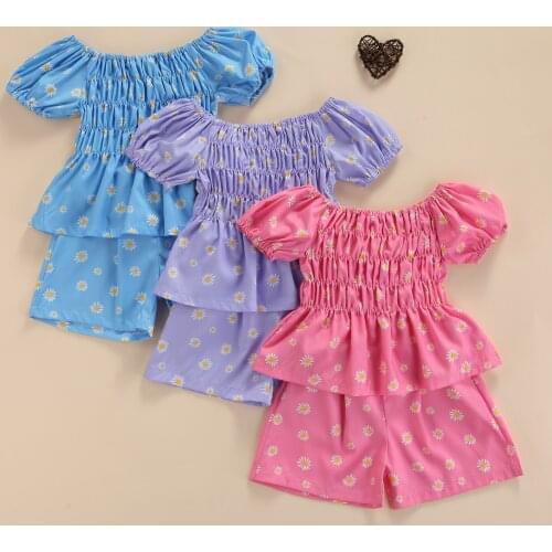 FOCUSNORM 3 Colors Summer Baby Girls Sweet Clothes Sets Sunflowers Printed Off Shoulder Puff Sleeve T Shirts Tops Shorts 1-5Y