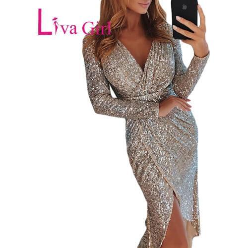 LIVA GIRL Night Club Wear Sequined Bodycon Party Dress Women Sexy V Neck Long Sleeve Ruched Irregular Midi Dresses Mujer Vestido