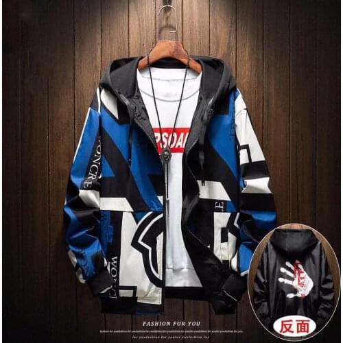 Spring Autumn Streetwear Jackets Men Big Size 5XL Hooded Casual Loose Print Windbreaker Jacket Male Hip Hop Double-sided Coat