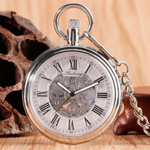 Silver/Bronze Roman Numerals Open Face Mechanical Self Winding Pocket Watch Automatic Mechanism Vintage Pendant Pocket Clock