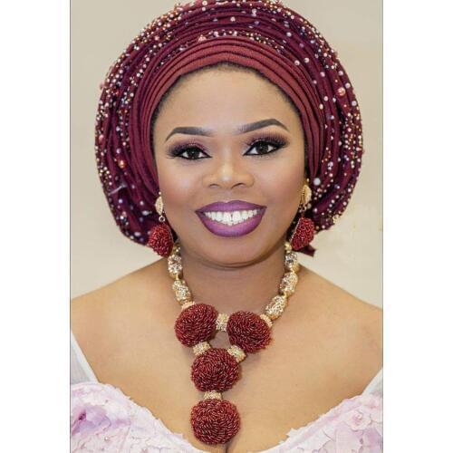 Fashion Wine Burgundy Women African Nigerian Wedding Jewelry Sets Wine Seed Bead Pendant Statement Necklace Set Bride 2021 WE134
