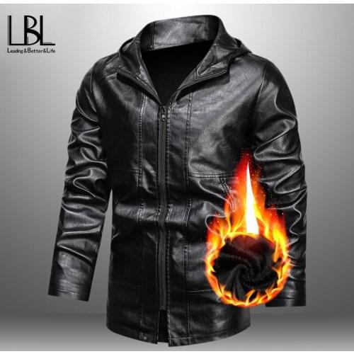 New Mens Zipper Thick Leather Jacket Man Fashion Faux Fur Collar Windproof Warm Coats Male Brand Jackets Clothing Winter Autumn