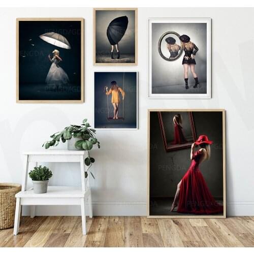 Canvas Wall Art Home Decorative HD Printed Mirror Umbrella Woman Poster Painting Modern Modular No Framework For Living Room