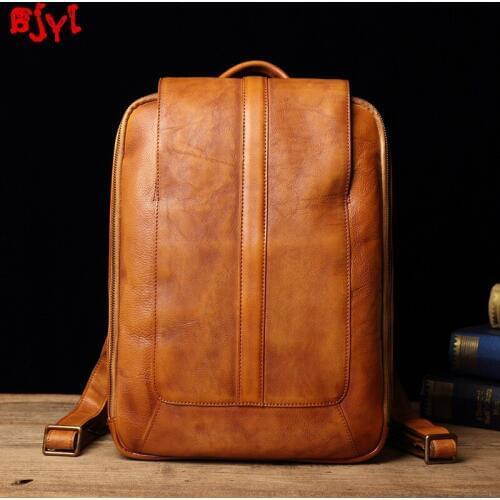 New Genuine Leather Mens Backpack Men Vintage Leather Travel Backpacks Casual Laptop Bag Fashion Retro Mens Bag Schoolbag Male