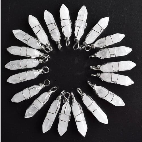 Wholesale 20pcs/lot natural white crystal pillar shape point handmade iron wire pendants for jewelry making free shipping