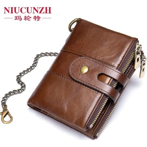 Wholesale Retro Double Zipper Tower Buckle Leather Wallet Mens Chain Anti-theft Wallet Leather Zero Wallet Wholesale