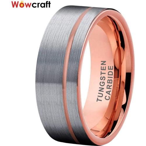 8mm Rose Gold Tungsten Carbide Ring for Men Women Wedding Band Rings Grooved Pip Cut Matte Surface Comfort Fit