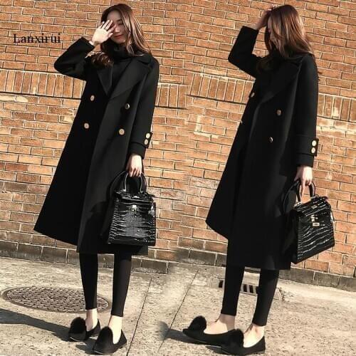 Autumn and winter new Korean version of the loose thin woolen coat female long section black woolen coat fashion Women