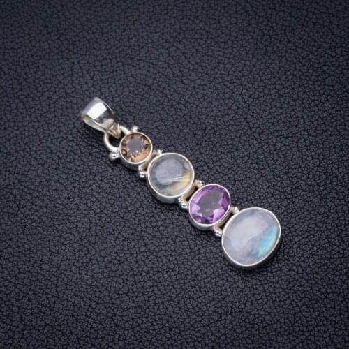 StarGems Natural Rainbow Moonstone Smoky Quartz And Amethyst Handmade 925 Sterling Silver Pendant 2" E3832